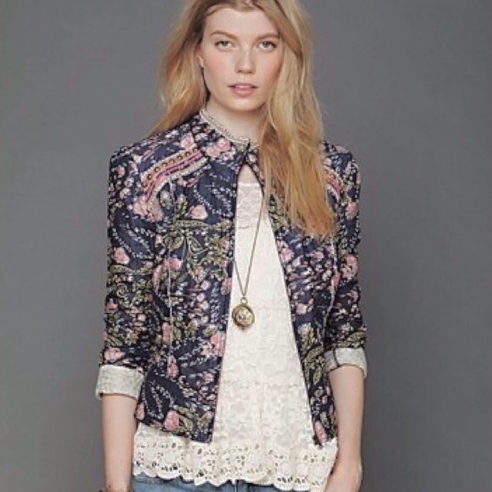 Free People Meadow Quilted Floral Slim Fit Jacket Size L Blue Pink Zip Front - Picture 3 of 10